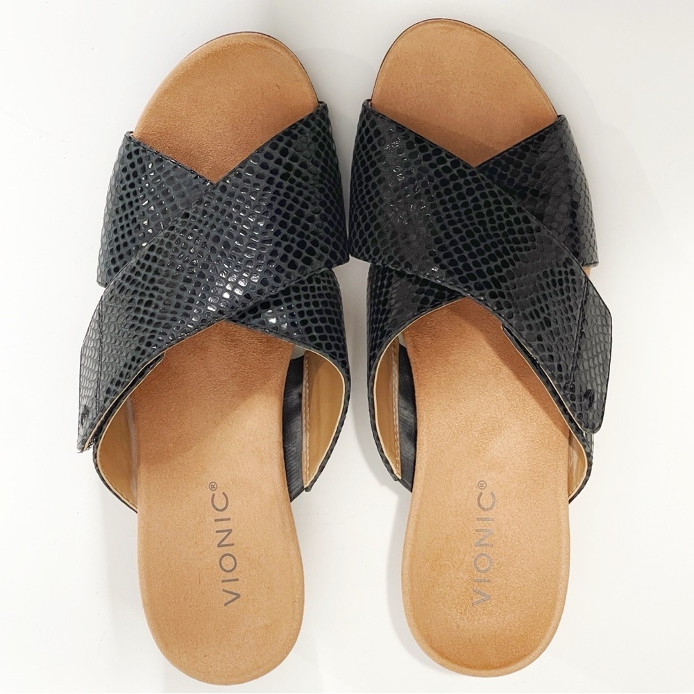 Vionic Paradise Leticia Wedge Slide Sandal Size 9 Adjustable Straps Black Cork - Picture 2 of 9